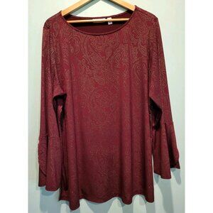 Susan Graver Burgundy Gold Paisley Stretch Long Bell Sleeve Top Sz 2X